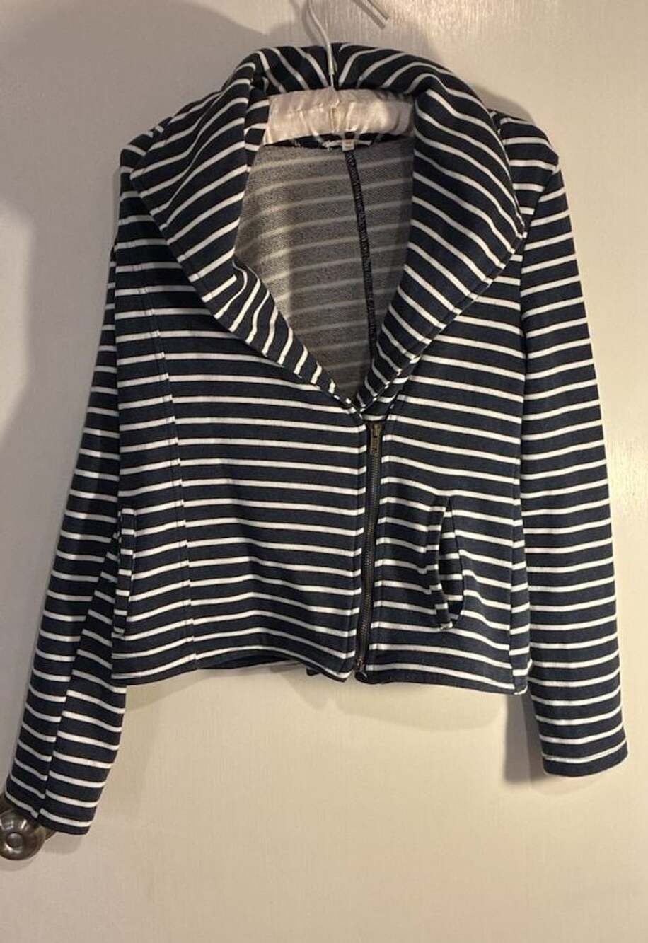 Mystree Striped French Terry Jacket Size M Blue White Asymmetrical Zip